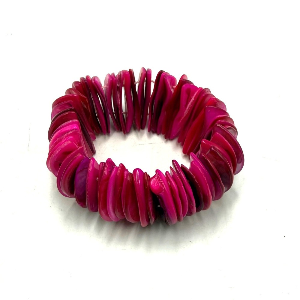 Fuchsia Pink Shell Stretch Bracelet Iridescent Disc Statement Jewelry